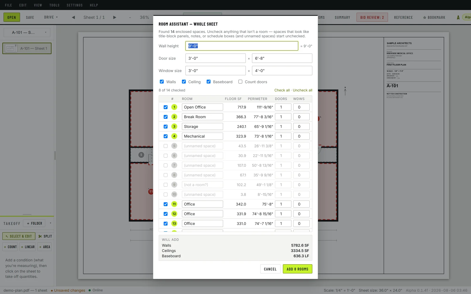 A checklist of rooms found on the sheet, each with floor area and perimeter, totalling wall, ceiling, and baseboard quantities.