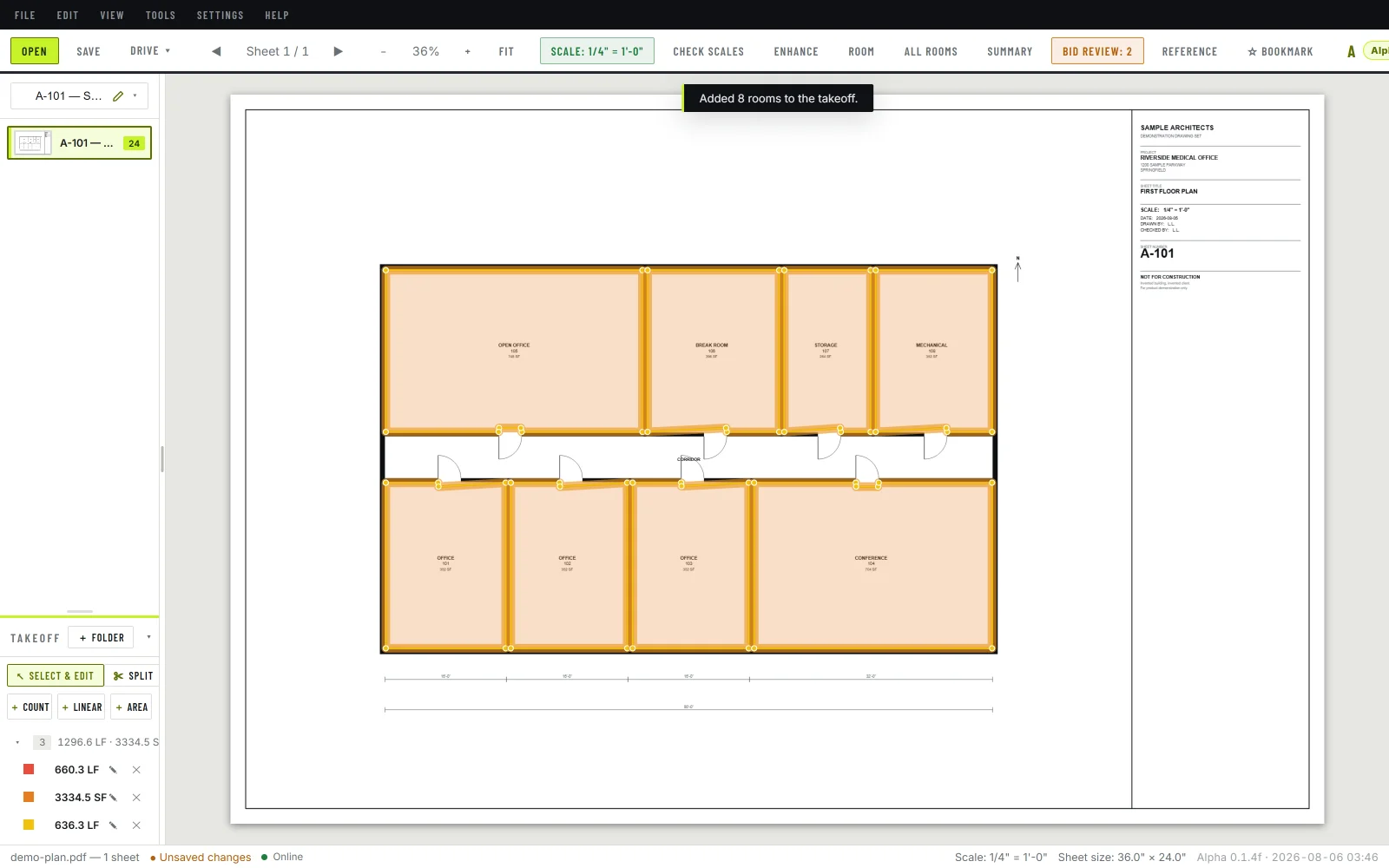 Eight rooms measured on a floor plan, with wall, ceiling, and baseboard quantities beside the sheet.